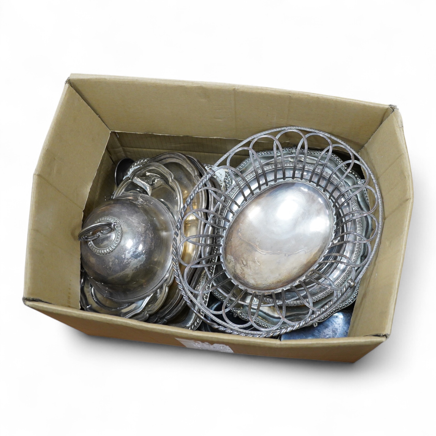 An Old Sheffield plated basket, a plated muffin dish and cover by Elkington & Co and a quantity of assorted plated wares including entrée dishes, flatware, salvers, etc.